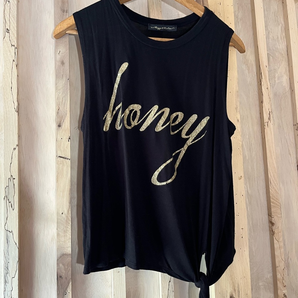 Black Sleeveless Top with Gold Glitter 'Honey' Print